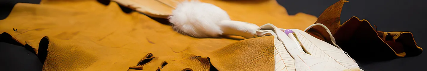 Photo of Indigenous clothing laid out on a dark surface, featuring tan hide garments with cream-colored details and a white fur accent.