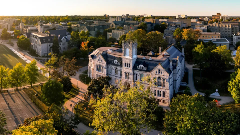 Aerial view of campus at sunset