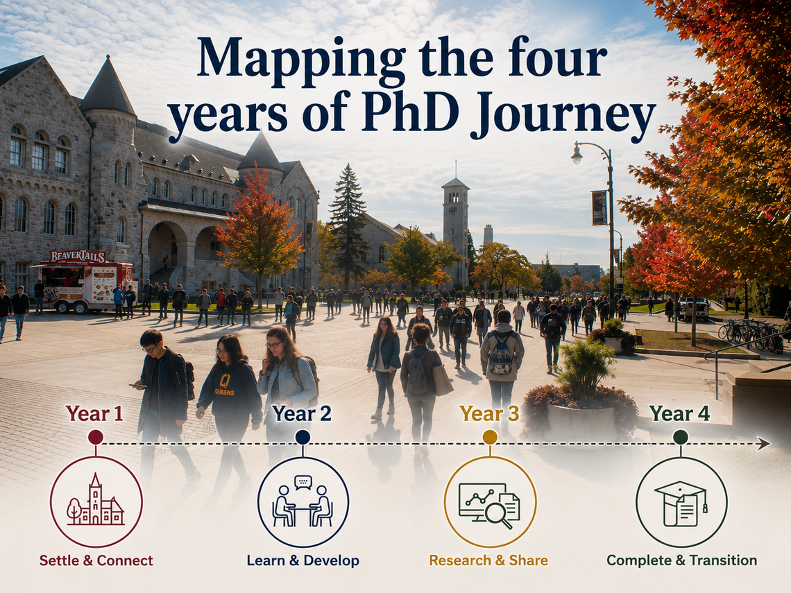 Queen’s University campus in autumn with a four-year PhD journey timeline. 