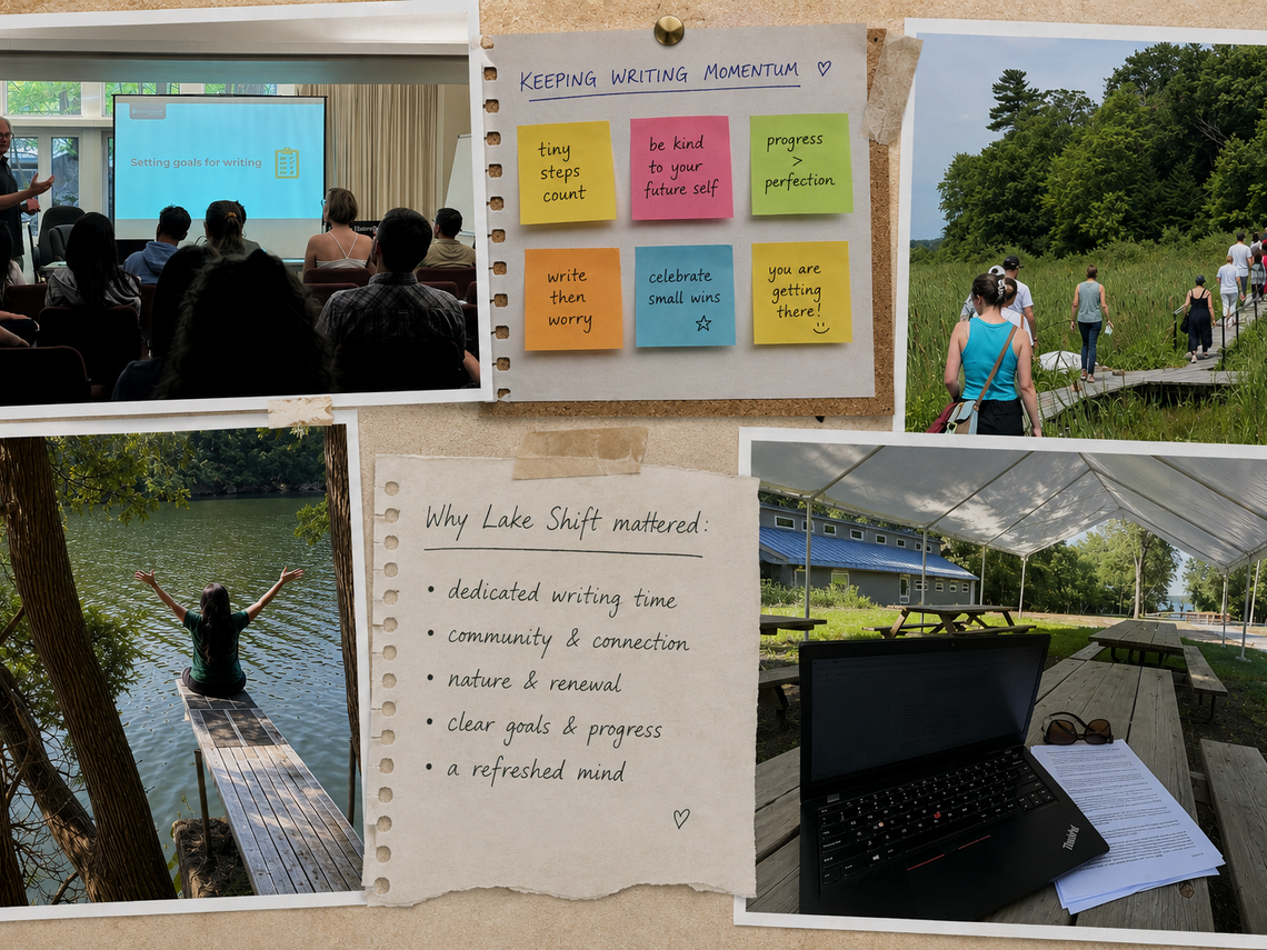 Collage of photographs from the Lake Shift 2026 graduate writing retreat, featuring a goal-setting workshop, a group nature walk, an outdoor writing workspace overlooking the lake, and a quiet moment on a dock. 