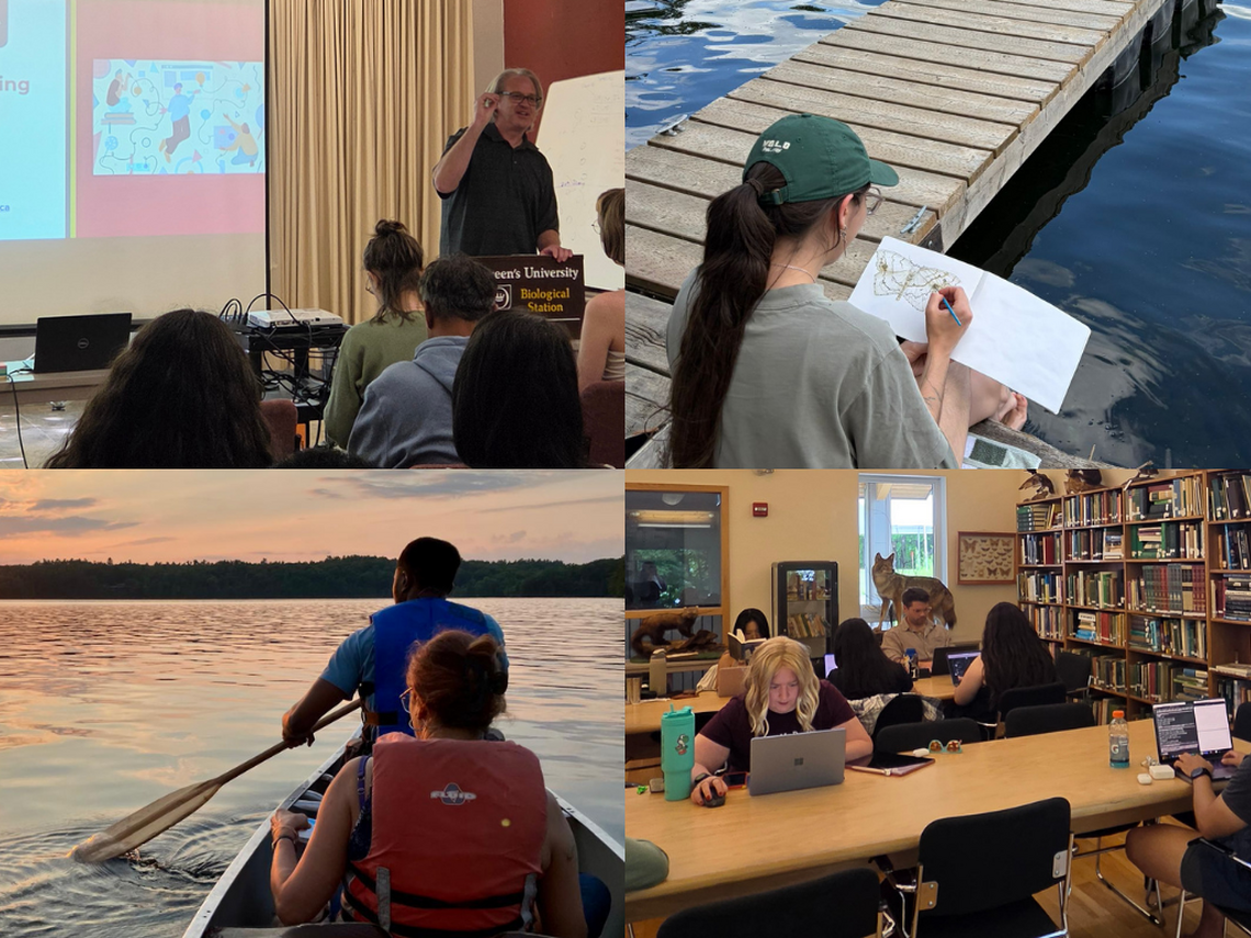 A collage of four photos capturing moments from the Lake Shift writing camp. From left to right, top to bottom: the first photo shows a group of students engaged in an interactive workshop. The second photo features a student sitting peacefully on a wooden dock by the lake, focused on drawing. The third photo shows students canoeing together on the lake. The fourth photo captures a student studying quietly inside the Queen’s University Biological Station library.