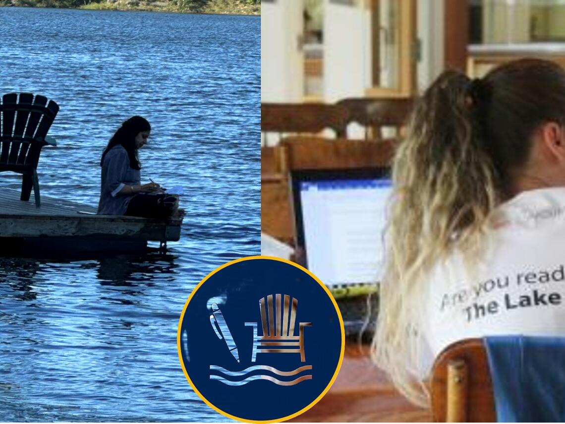 Dual image showing a person writing on a dock beside a lake and another participant working on a laptop indoors.