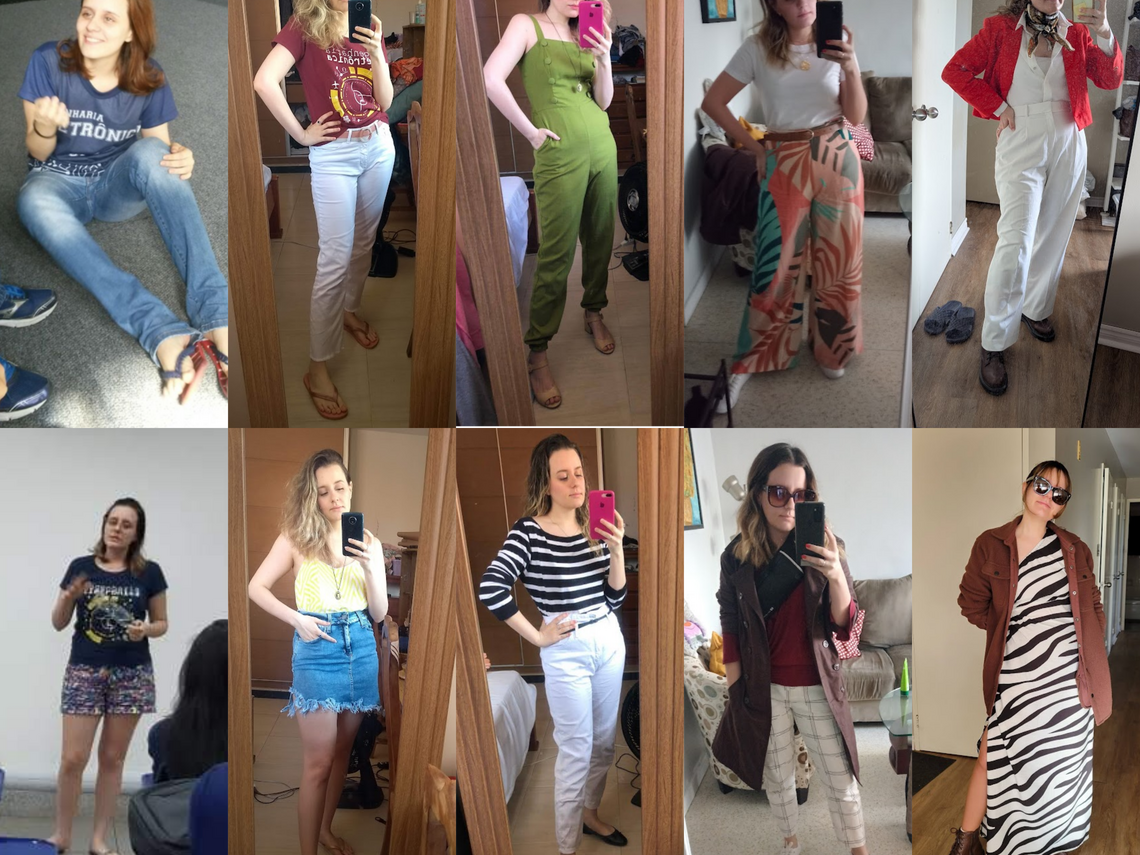 Five-column photo collage showing the evolution of an engineering student’s personal style, from casual university T-shirts, jeans, shorts, and flip-flops in early undergraduate years to increasingly colourful, feminine, expressive, and polished outfits through the pandemic, senior undergraduate, master’s, and PhD years.