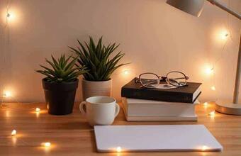 desk with lights around it