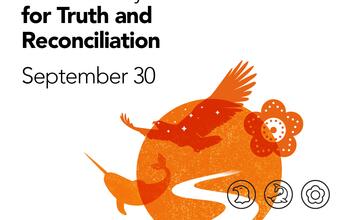 Image on a white background, with orange artwork showing an eagle, a narwhal, a beaded flower, a circle and a winding path. Text reads: National Day for Truth and Reconciliation, September 30.