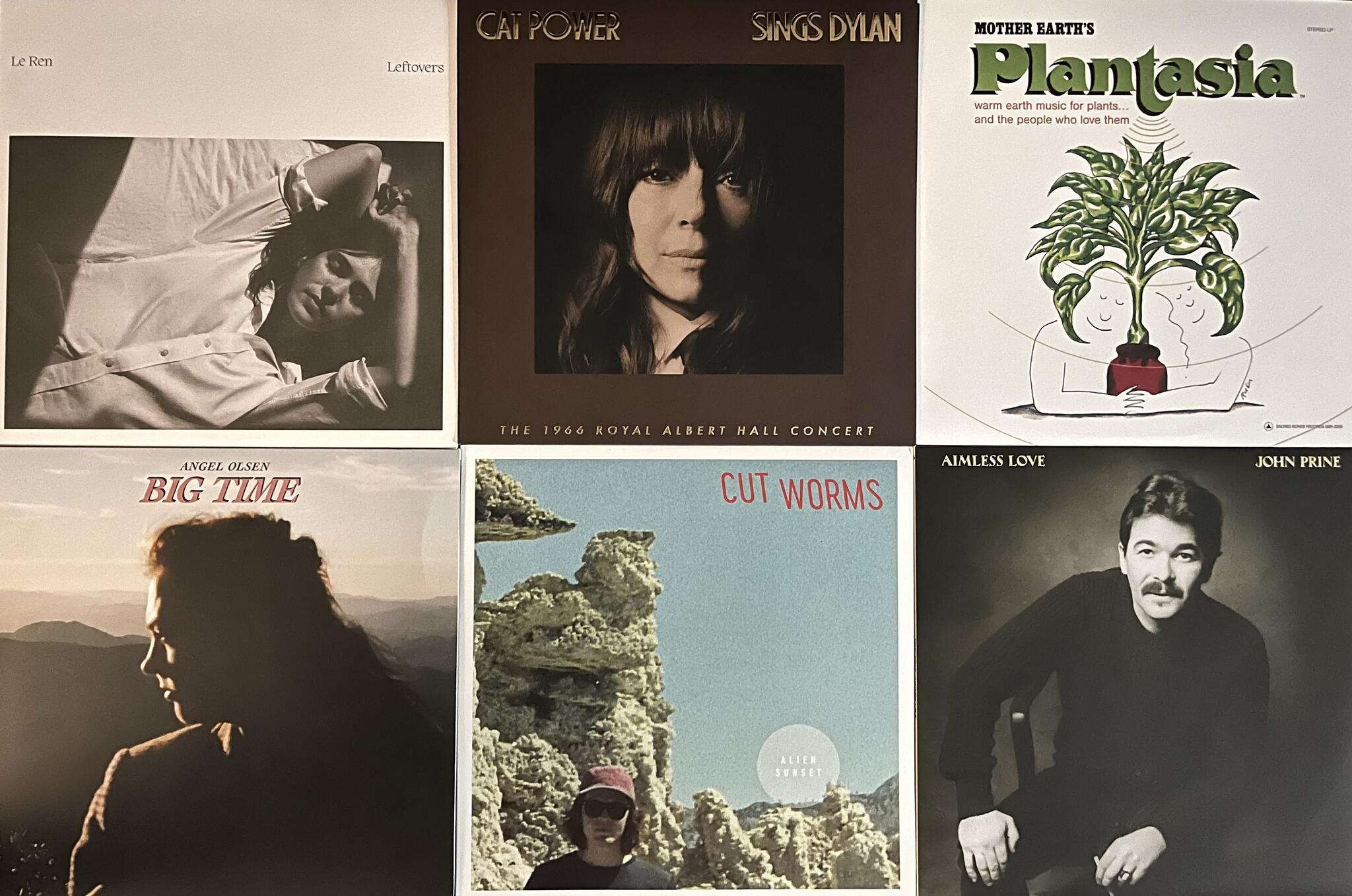 A compliation showing the covers of six different records. They are: Le Ren, Leftovers - Cat Power, Sings Dylan - Mort Garson, Mother Earth's Plantasia - Cut Worms, Alien Sunset - Angel Olsen, Big Time - John Prine, Aimless Love