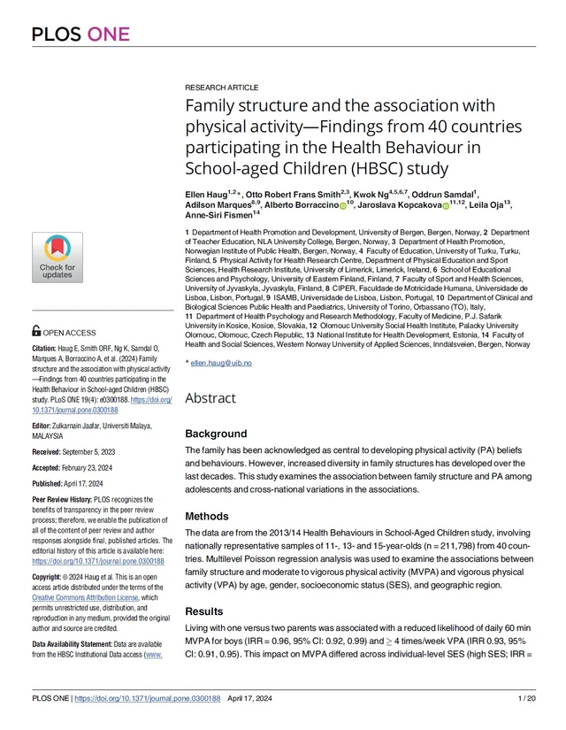 Family structure and the association with physical activity—Findings from 40 countries participating in the Health Behaviour in School-aged Children (HBSC) study