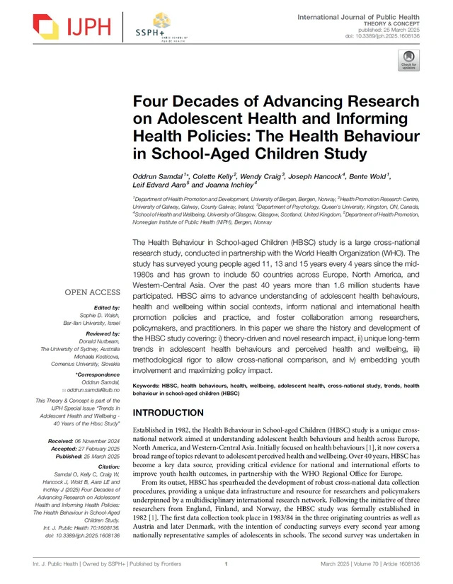 Four Decades of Advancing Research on Adolescent Health and Informing Health Policies: The Health Behaviour in School-Aged Children Study