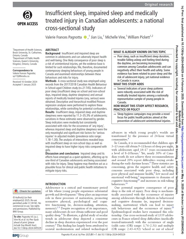 Insufficient sleep, impaired sleep and medically treated injury in Canadian adolescents: a national cross-sectional study