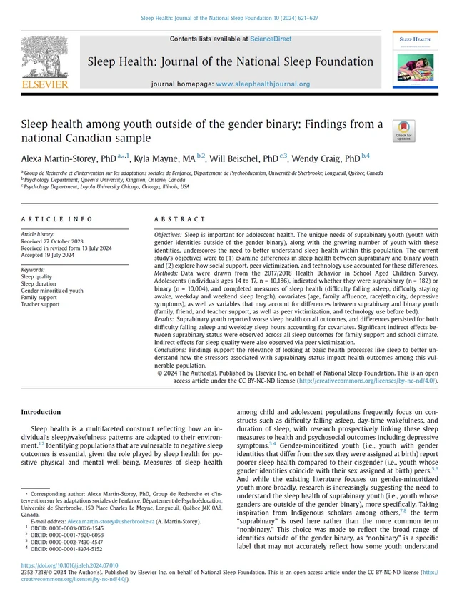 Sleep health among youth outside of the gender binary: Findings from a national Canadian sample