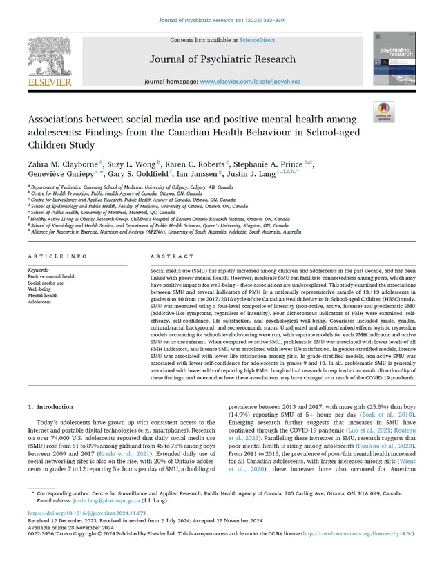 Associations between social media use and positive mental health among adolescents: Findings from the Canadian Health Behaviour in School-aged Children Study