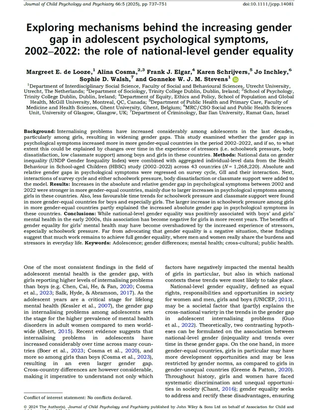Exploring mechanisms behind the increasing gender gap in adolescent psychological symptoms, 2002–2022: the role of national-level gender equality