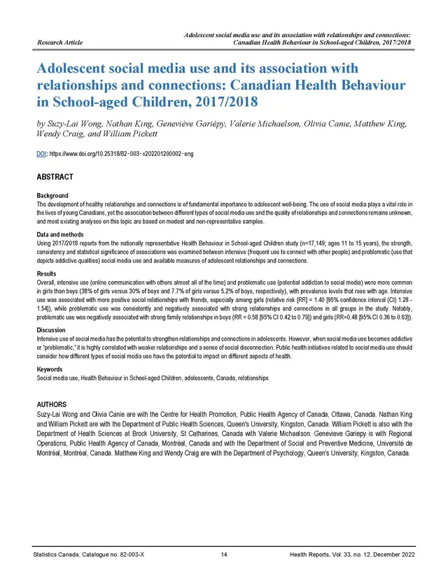 Adolescent social media use and its association with relationships and connections: Canadian Health Behaviour in School-aged Children