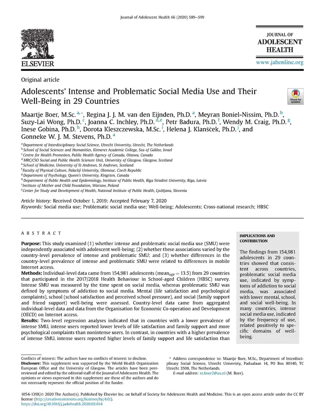 Adolescents' Intense and Problematic Social Media Use and Their Well-Being in 29 Countries