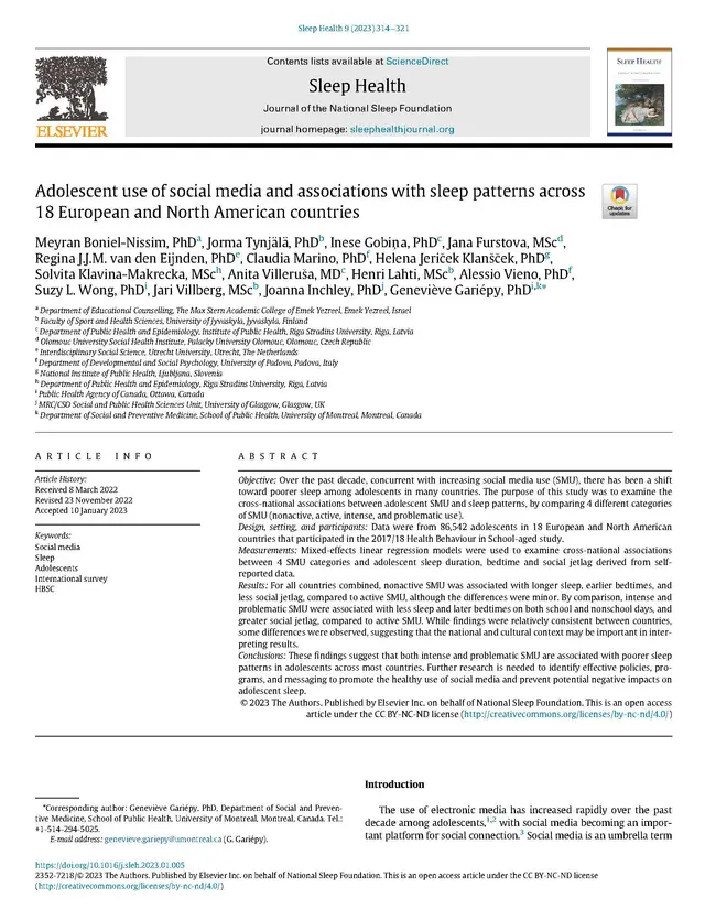 Adolescent use of social media and associations with sleep patterns across 18 European and North American countries