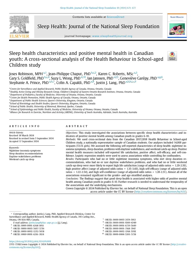 Sleep health characteristics and positive mental health in Canadian youth: A cross-sectional analysis of the Health Behaviour in School-aged Children study