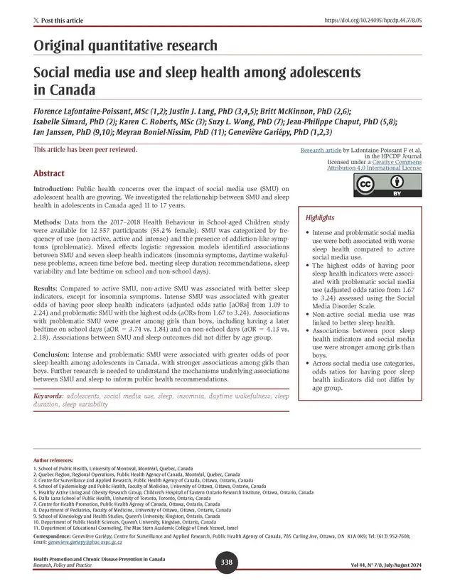 Social media use and sleep health among adolescents in Canada