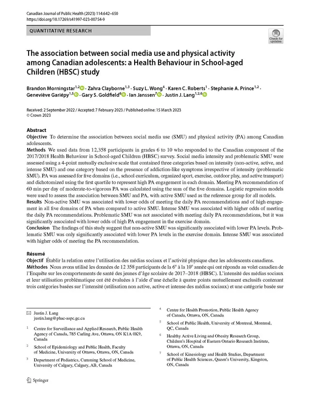 The association between social media use and physical activity among Canadian adolescents