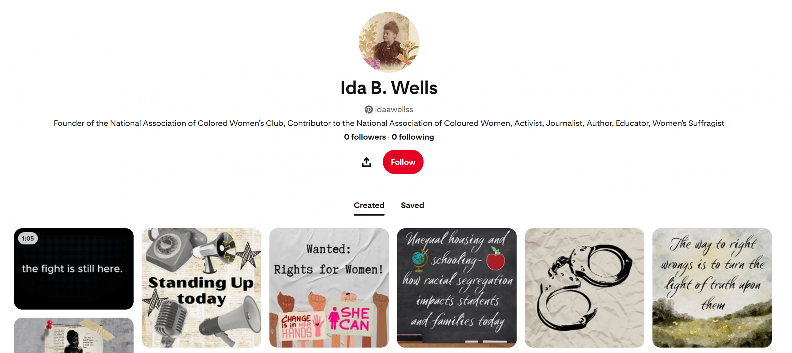 An image of a series of tiles on a Pinterest board for Ida B. Wells