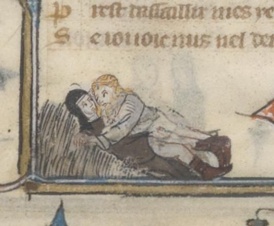 A miniature from a medieval manuscript featuring two people laying together