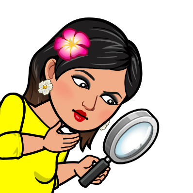 An avatar of Dr. Aditi Sen wearing a yellow shirt with a pink flower in her hair holding a magnifying glass