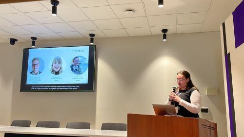 An image of Carolyn Kane presenting her research at the I@Q Conference in Stauffer Library