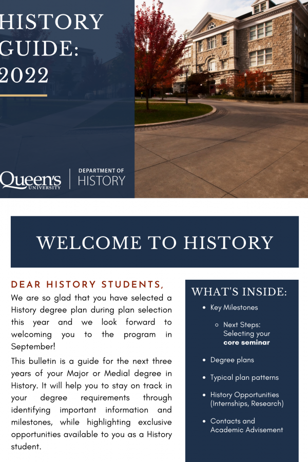 An image of the History 2022 Welcome Guide cover featuring blue text boxes and a photo of Kathleen Ryan Hall, a large stone building, in the upper half of the page