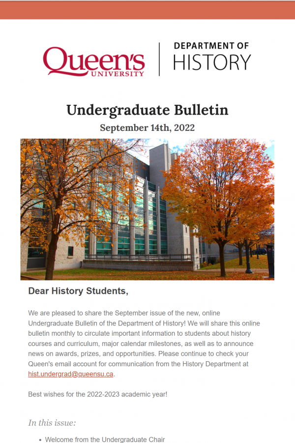 The front page of the UG Bulletin featuring a fall scene in front of Stauffer Library