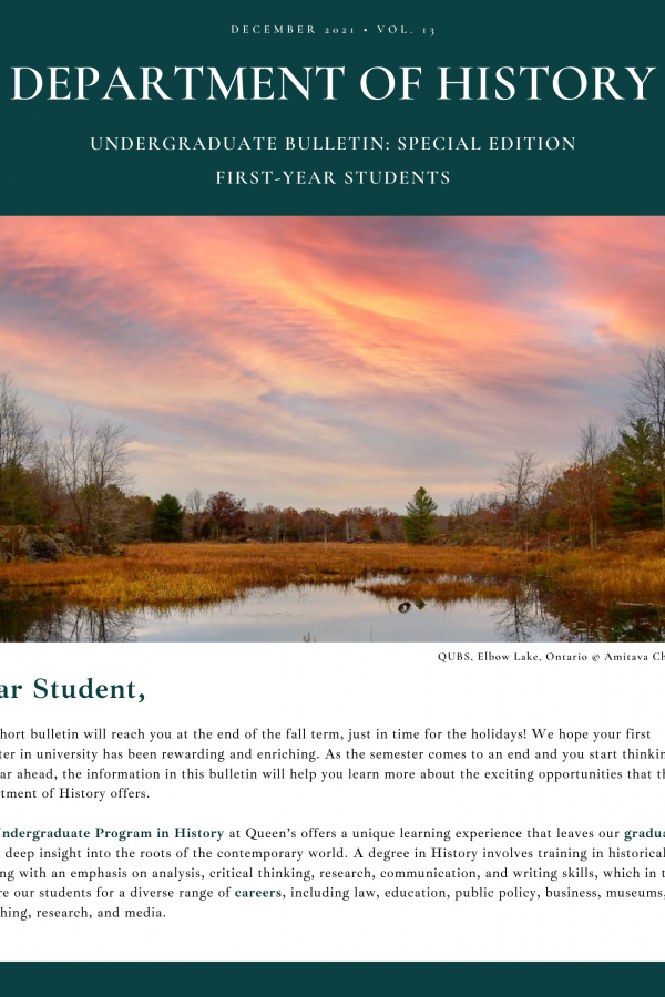 Image of the first page of Volume 13 of the Undergrad Bulletin, top half of the page includes an image of Elbow Lake