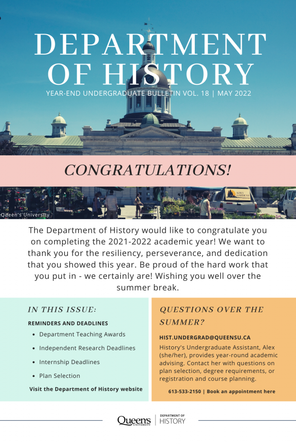 An image of the first page of the Undergrad Bulletin with Kingston City Hall in the background with overlaying text that reads "Congratulations!"