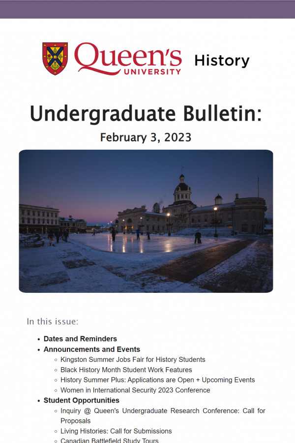 An image of the first page of the Undergrad Bulletin with the skating rink in front of Kingston City Hall in the background at sunset