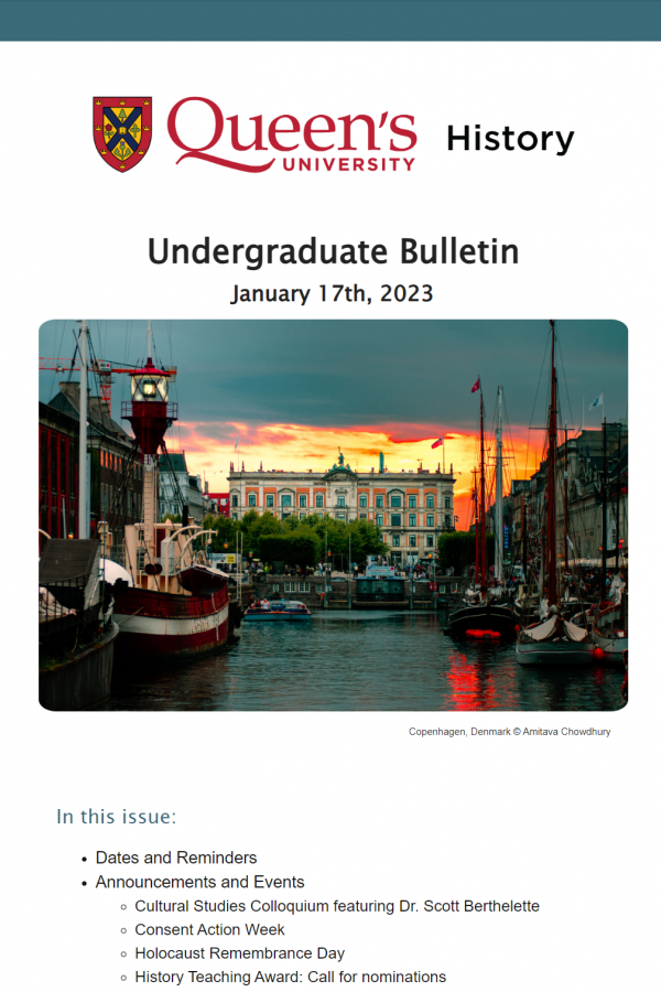 An image of the cover of the UG Bulletin with a photograph of a large building in Copenhagen Denmark at sunset overlooking a river