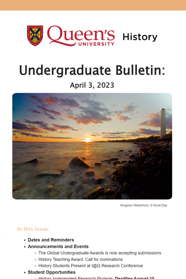 An image of the cover of the UG Bulletin with a photograph of the Kingston waterfront at sunset with oranges and pinks in the sky. Taken by Scott Day