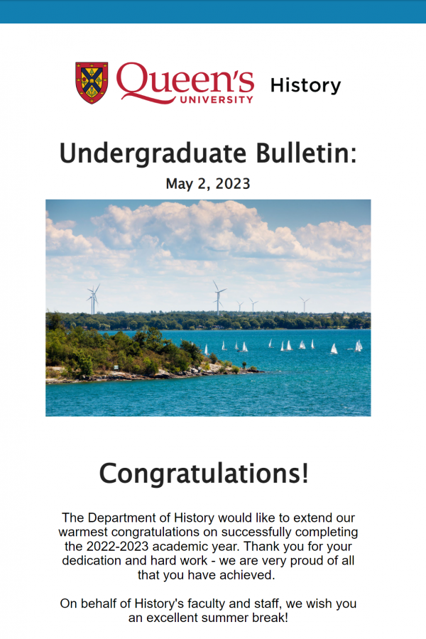 An image of the cover of the UG bulletin with a photograph of Lake Ontario with a group of sailboats on the water