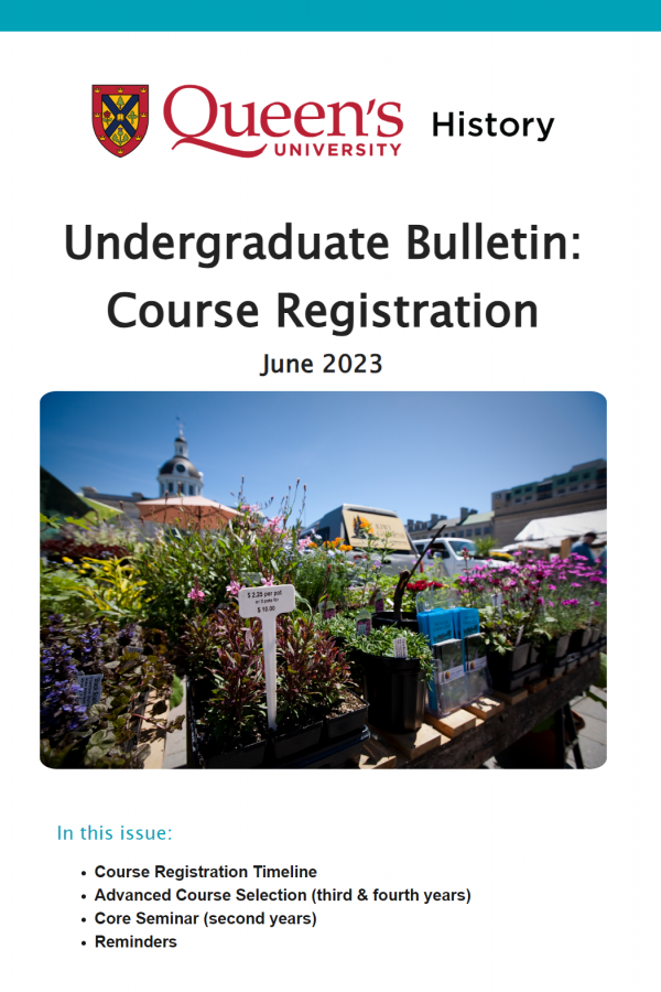 An image of the first page of the Undergrad Bulletin with a photograph of Kingston Market Square on a sunny day with a close up of flowers for sale