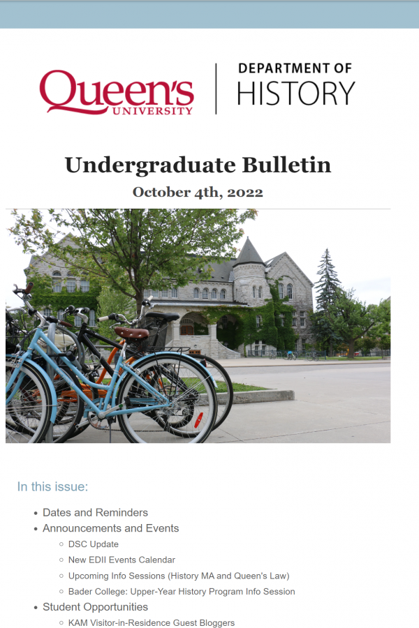 An image of the first page of the Undergraduate Bulletin featuring a photo of Ontario hall with bicycles parked out front