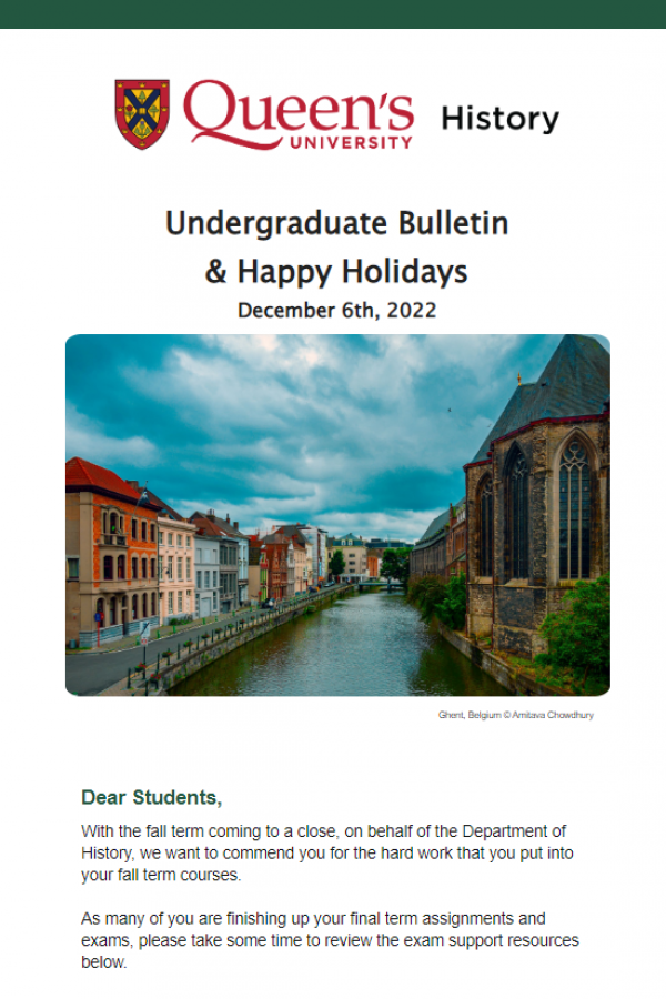 An image of the cover of the UG bulletin with Department of History in large green letters and a coloured photograph of a river with old buildings and green foliage on either side, captioned "Ghent, Belgium copyright Amitava Chowdhury"