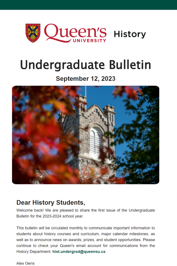 An image of the first page of the UG Bulletin featuring a photo of Grant Hall with some red leaves in front