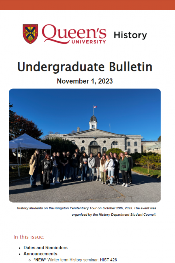 An image of the front cover of the UG bulletin featuring a photo of about 20 students standing in front of Kingston Penitentiary on a sunny day