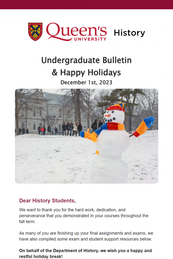 An image of the cover of the UG Bulletin with a photo of a snowman on Queen's campus wearing mittens and a scarf