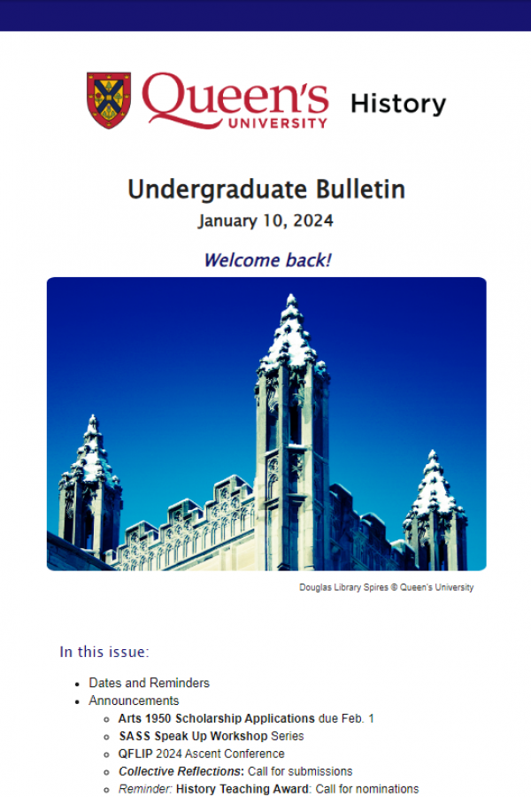 An image of the first page of the Undergraduate Bulletin featuring a photo of Douglas Library with snow on its spires