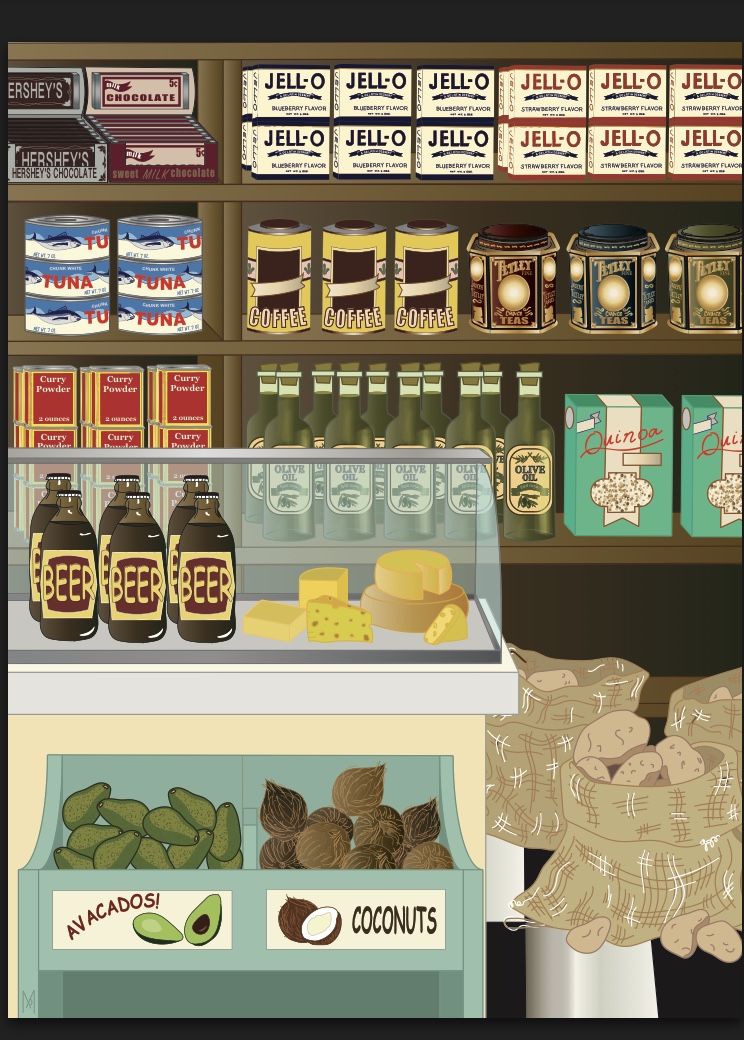 Image of a store shelves featuring assorted foods that originate from around the world, including avocados, coconuts, beer, olive oil, quinoa, coffee. 