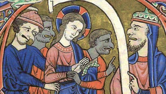 Image of Jesus-Brought-Before-Caiaphas-from-Salvin-Hours-c-1275-British-Library