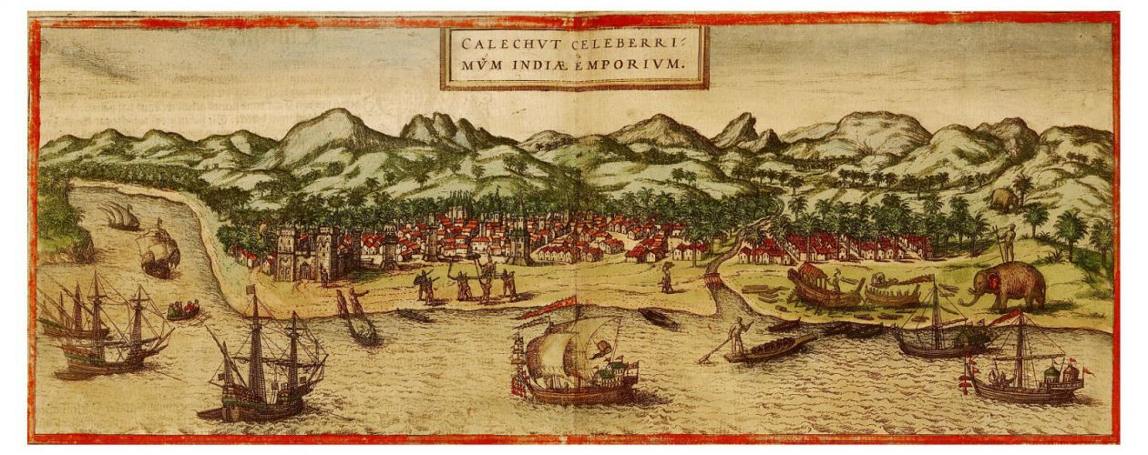 Image of an etching titled "Calechut Celeberri Mum India Emporium" depicting an Indian trading port.