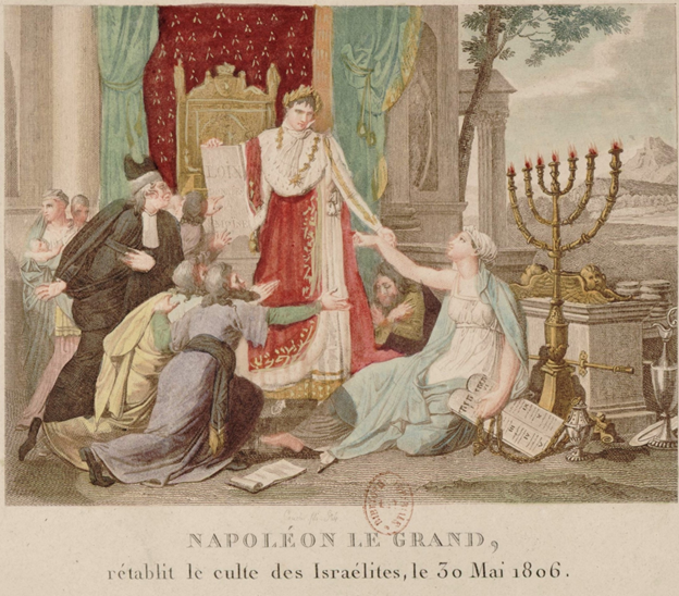 An image of a coloured etching of Napoleon standing, holding a protocol up to show the Jews reaching toward him at his feet, with a menorah in the foreground.