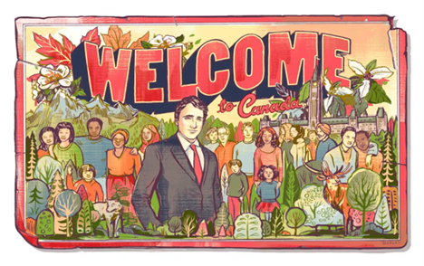 An image of a travel poster that reads "Welcome to Canada" and shows people of different ethnicities, races, and ages, with Justin Trudeau in a black suit in the centre