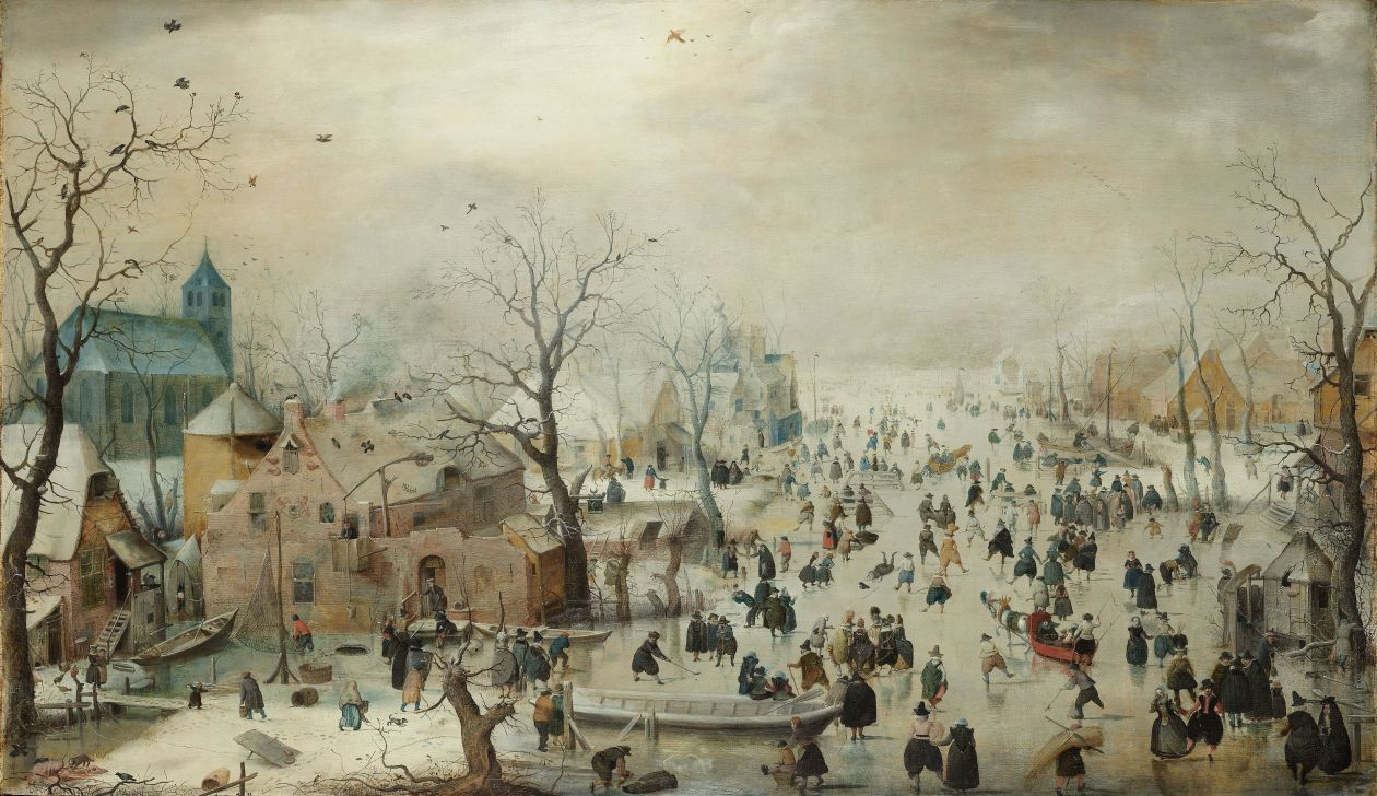 A painting in a medieval town with townsfolk staking on a frozen river