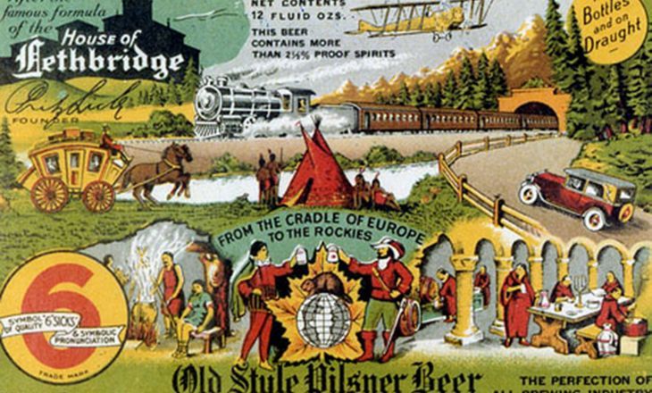 Image of an old ad for Molson Old Style Pilsner Beer featuring stereotypical Canadian scenes