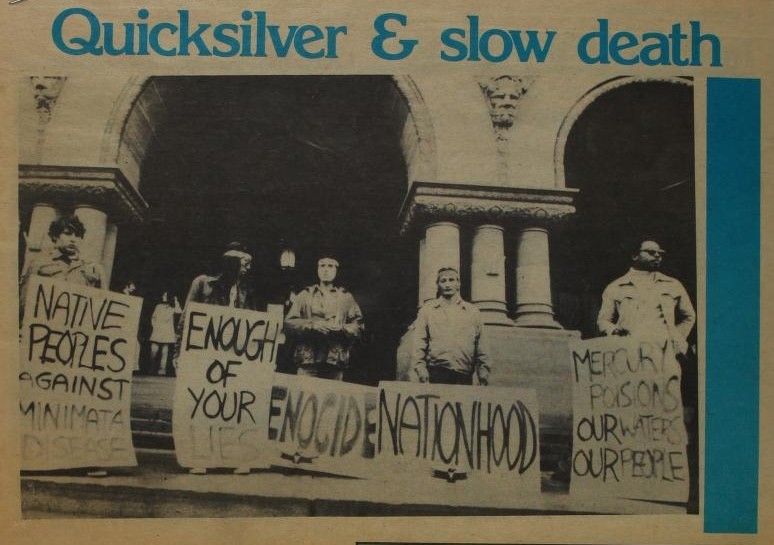 A photograph of Indigenous demonstrators protesting mercury poisoning on the front steps of Queen's Park Provincial Legislature
