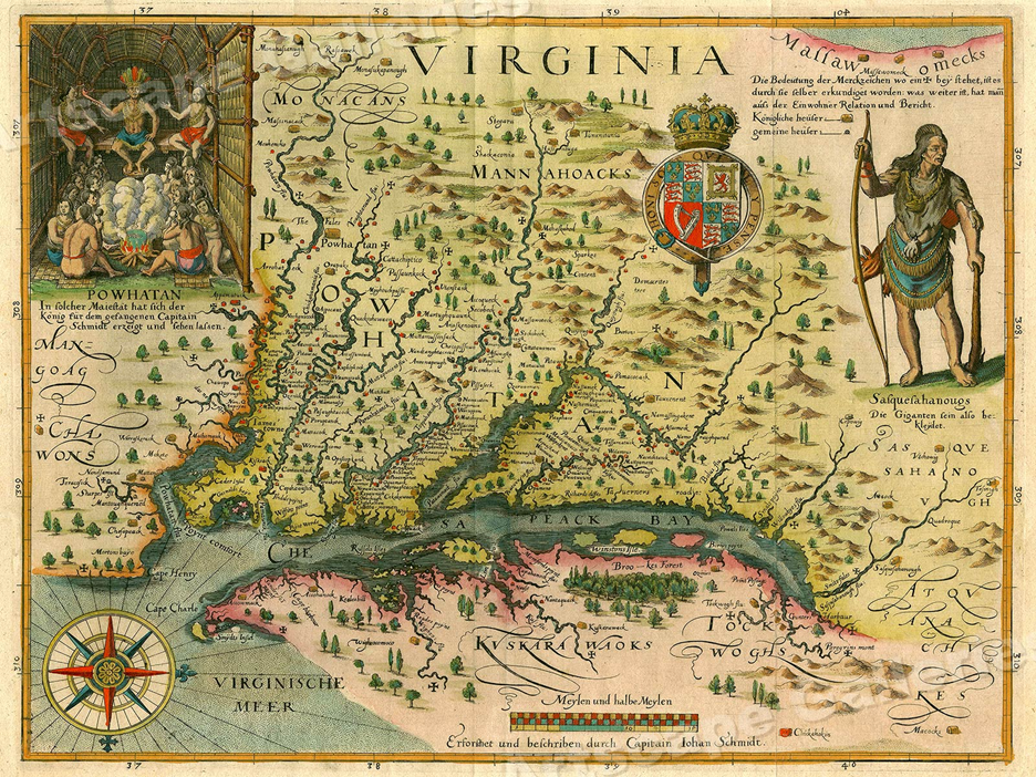 An image of a map from 1612 by John Smith outlining the locations and names of Indigenous Peoples throughout the Virginia and Chesapeake Bay areas.